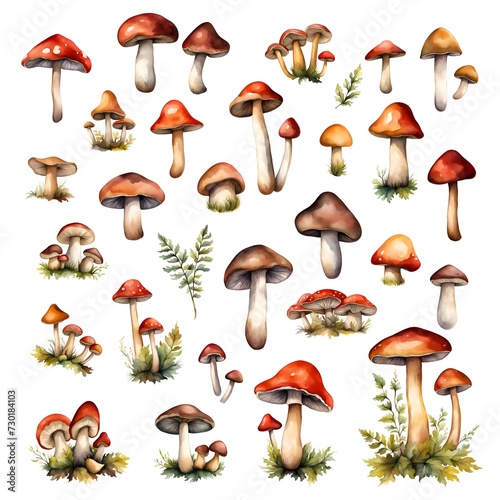 Mushrooms watercolour hand drawn clip art isolated set, forest nature elements collection