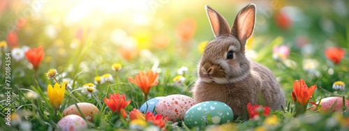 cute little easter bunny sitting near easter eggs In Flowery Meadow, golden hour, sun is shining, banner image © Anastasia YU