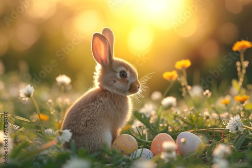 cute little easter bunny sitting near easter eggs In Flowery Meadow, golden hour, Happy Easter postcard with sweet little rabbit, easter celebration postcard