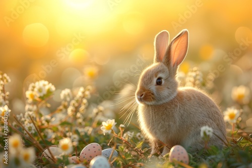 cute little easter bunny sitting near easter eggs In Flowery Meadow, golden hour, Happy Easter postcard with sweet little rabbit, easter celebration postcard