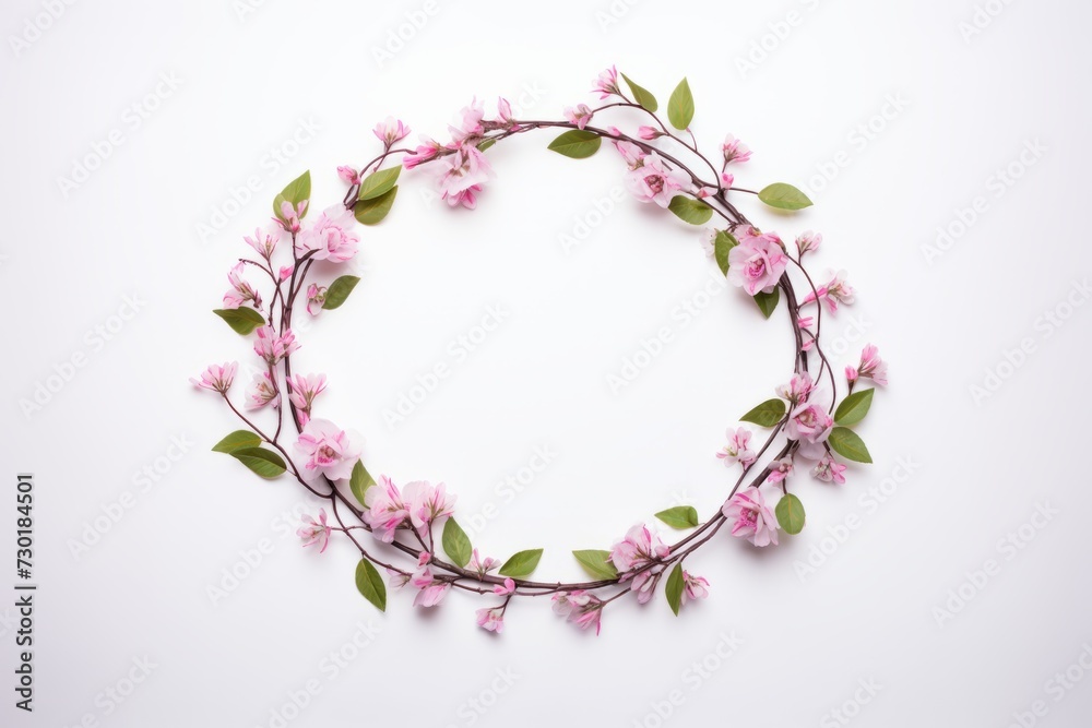 Round frame with sakura branches and leaves. Cherry blossom decoration isolated on white. Generative AI.