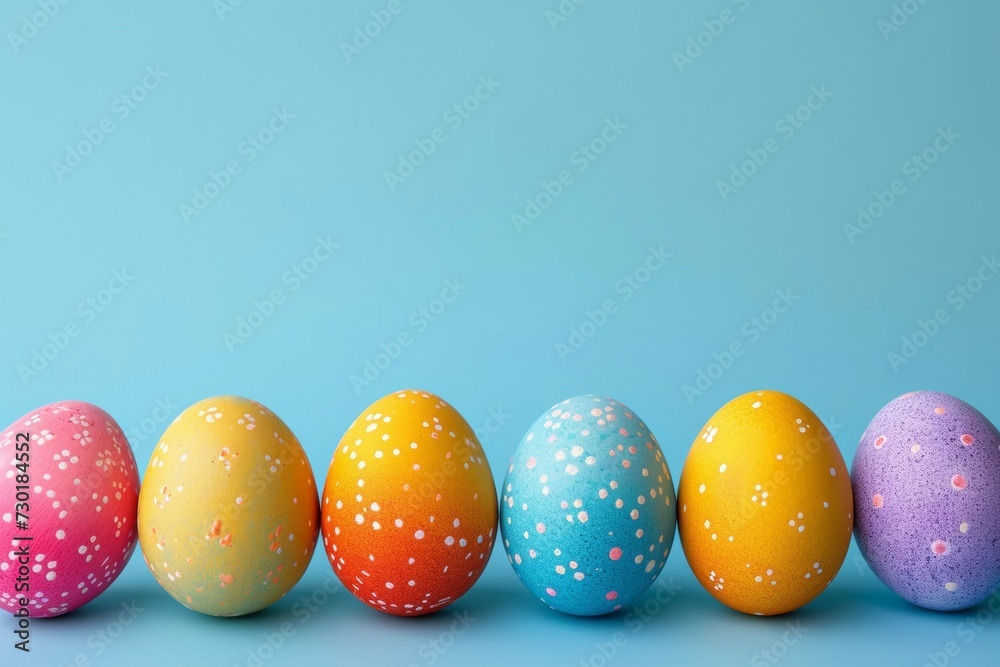 Fototapeta premium pastel color easter eggs on pastel blue studio background, Happy Easter postcard with colorful eggs, easter celebration postcard, copyspace, front view