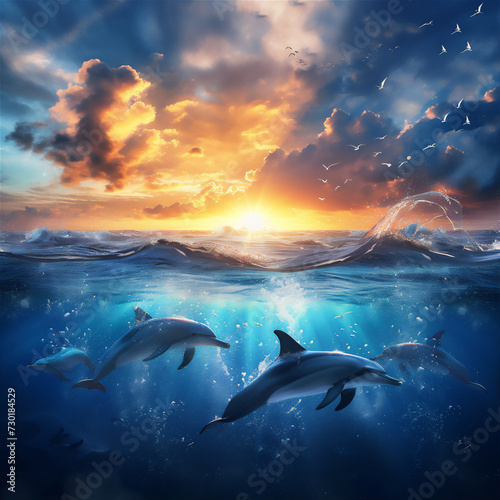 dolphin jumping out of water in the open sea at sunset photo