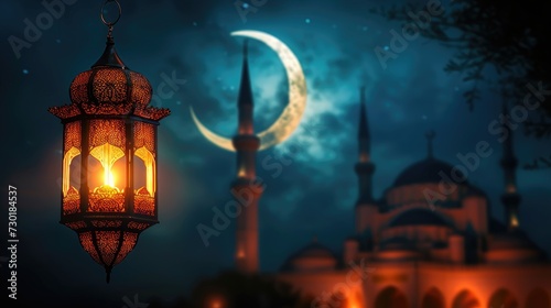 Illuminated Islamic lanterns with a crescent moon over a mosque silhouette. Moroccan lanterns at night. Glittering party garlands. Ramadan kareem, Eid Mubarak. Eastern holiday design