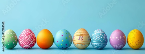 colorful color easter eggs on pastel blue studio background, banner with copyspace, front view
