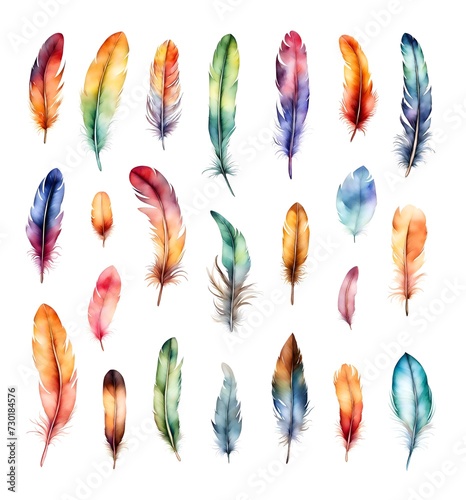 Set of hand drawn watercolour feathers, isolated clip art collection © KatBaid