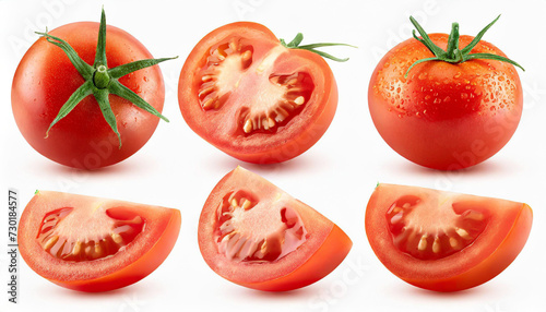 Tomato slices with basil and peppercorns isolated on white background. Clipping path and full depth of field. Top view. Flat lay