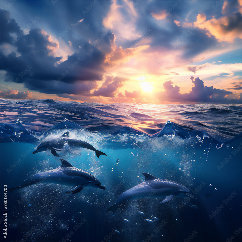 dolphin jumping out of water in the open sea at sunset dolphin jumping out of water in the open sea at sunset