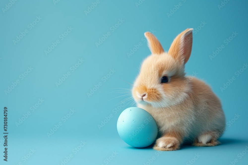 Obraz premium cute little easter bunny sitting near easter egg isolated on pastel blue background with copy space, Happy Easter postcard with adorable rabbit, easter celebration postcard