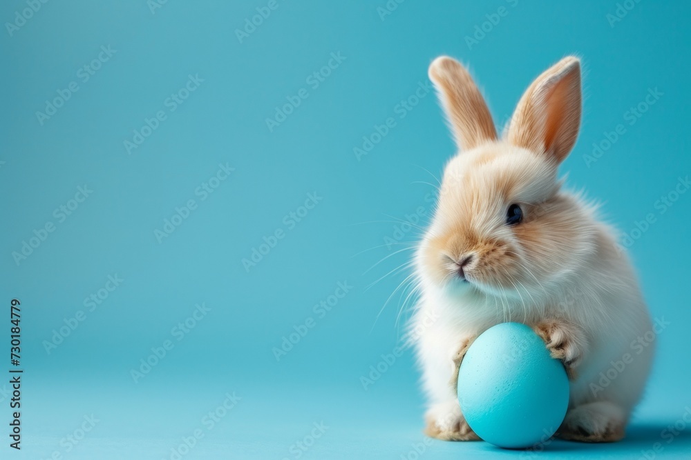 Obraz premium cute little easter bunny sitting near easter egg isolated on pastel blue background with copy space, Happy Easter postcard with adorable rabbit, easter celebration postcard