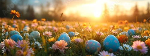 colorful Easter Eggs lying In Flowery Meadow, golden hour, sun is shining, banner image