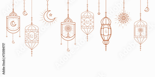 Silhouette illustration of an islamic lantern, star, and moon. Ramadan kareem arabian lanterns and lamps border. Middle east antique kerosene hanging light underline vector design