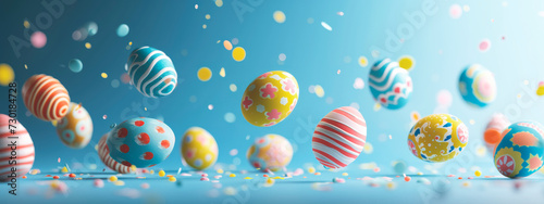 colorful easter eggs flying on pastel blue studio background, banner image photo
