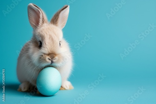 cute little easter bunny sitting near easter egg isolated on pastel blue background with copy space, Happy Easter postcard with adorable rabbit, easter celebration postcard © Anastasia YU