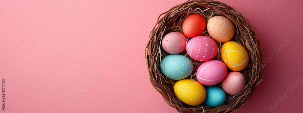 colorful easter eggs in a basket on pastel pink background, banner with copyspace, top view colorful easter eggs in a basket on pastel pink background, banner with copyspace, top view