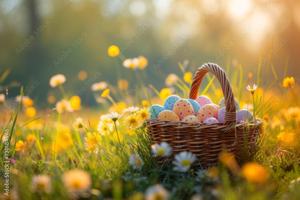 a basket full of colorful Easter Eggs In Flowery Meadow, golden hour, sun is shining, copyspace