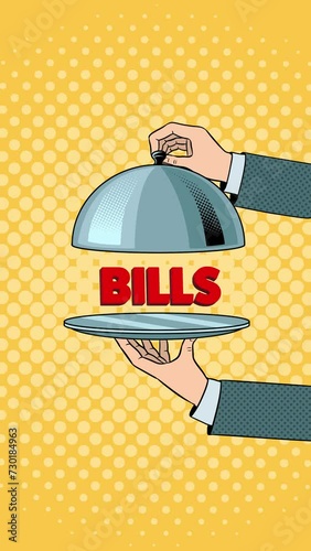 Bills on serving tray plate isolated on yellow background. Vertical Conceptual Video animation. Hand drawn in a cartoon style. High quality 4k footage