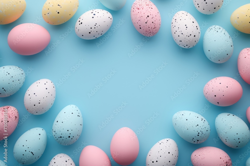 pastel color easter eggs on pastel blue studio background, Happy Easter postcard with colorful eggs, easter celebration postcard, copyspace, top view