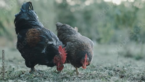Chickens in the yard eats fresh grass