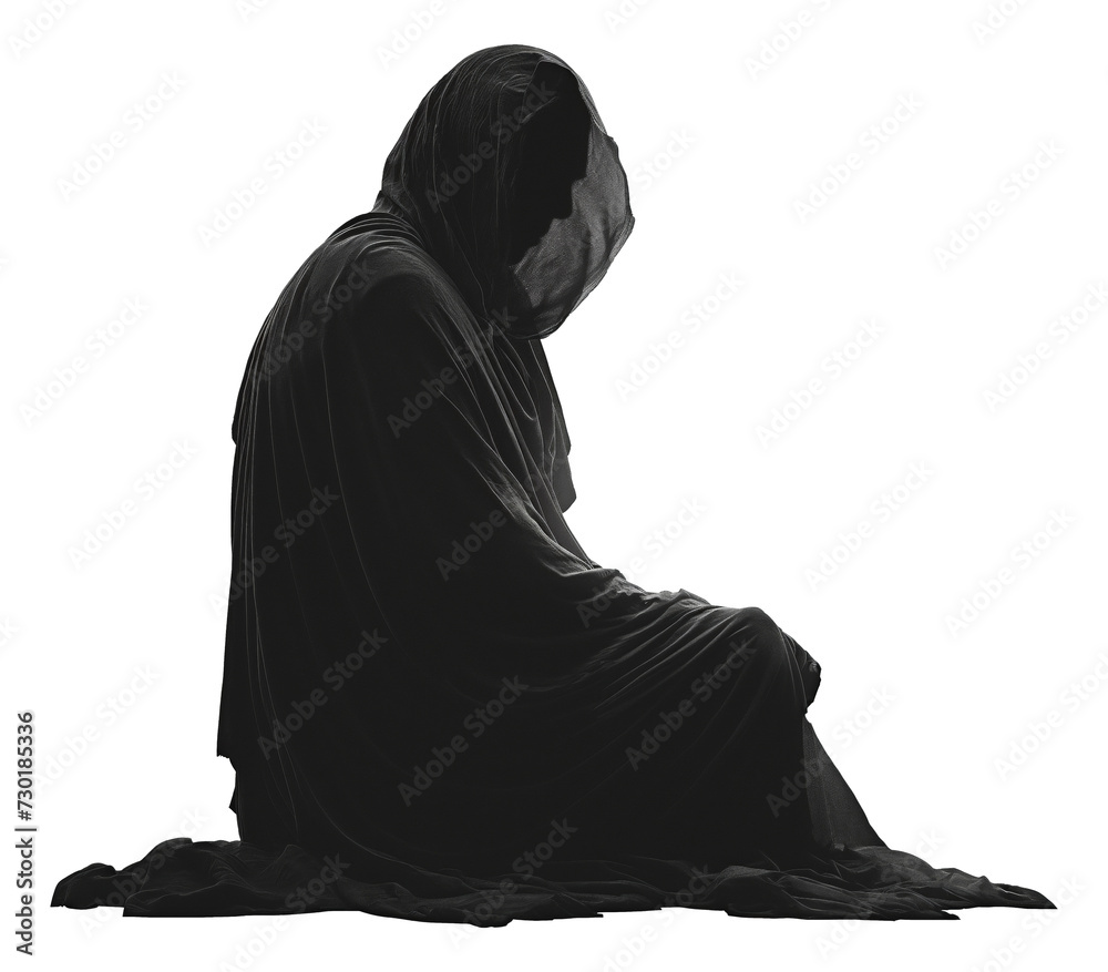 A man wearing a black cloak sat on the ground isolated. A man wearing a black cloak sat on the ground isolated.