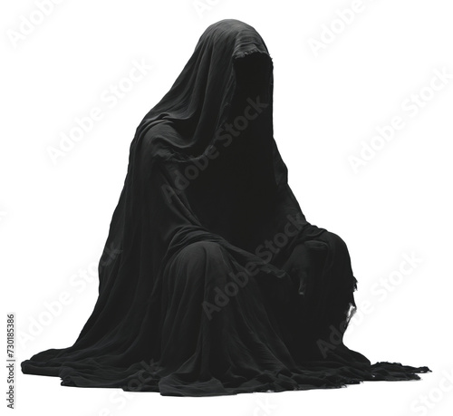 A man wearing a black cloak sat on the ground isolated.