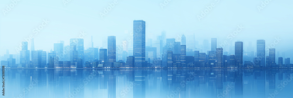 Blue banner cityscape background. Flat style vector illustration.