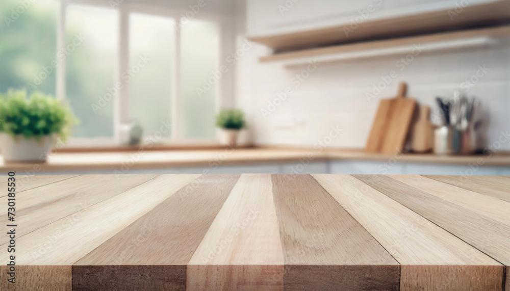 Wood table top on blur kitchen counter (room)background. Wood table top on blur kitchen counter (room)background.