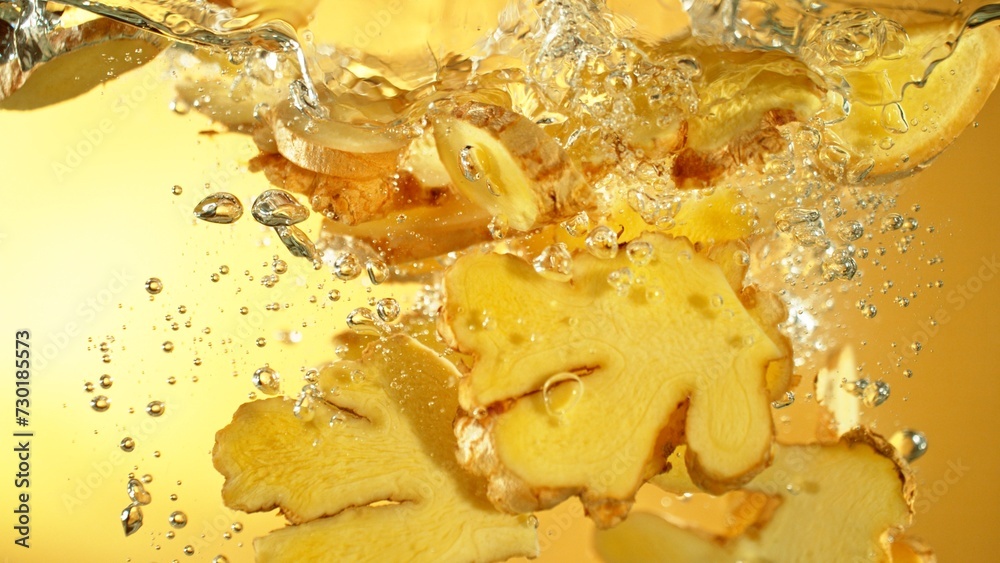 Freeze Motion of Ginger Slices Falling into Water. Freeze Motion of Ginger Slices Falling into Water.