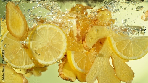 Freeze Motion of Ginger and Lemon Slices Falling into Water.