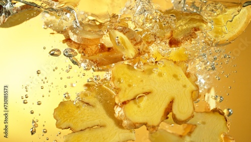 Freeze Motion of Ginger Slices Falling into Water.