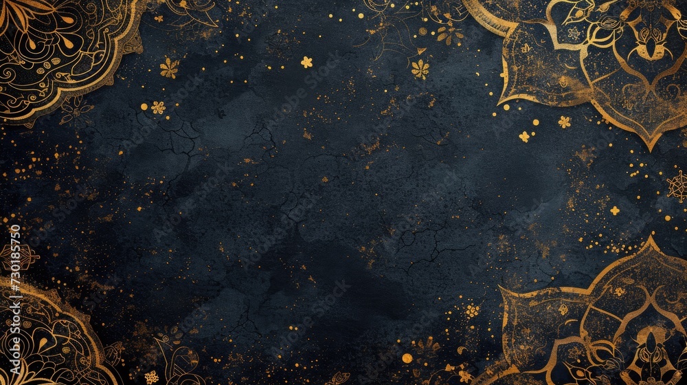 Exquisite gold Islamic patterns adorn a dark textured backdrop, exuding elegance. Islamic Arabic Arabesque Ornament Border Luxury Abstract black Background with Copy Space Exquisite gold Islamic patterns adorn a dark textured backdrop, exuding elegance. Islamic Arabic Arabesque Ornament Border Luxury Abstract black Background with Copy Space