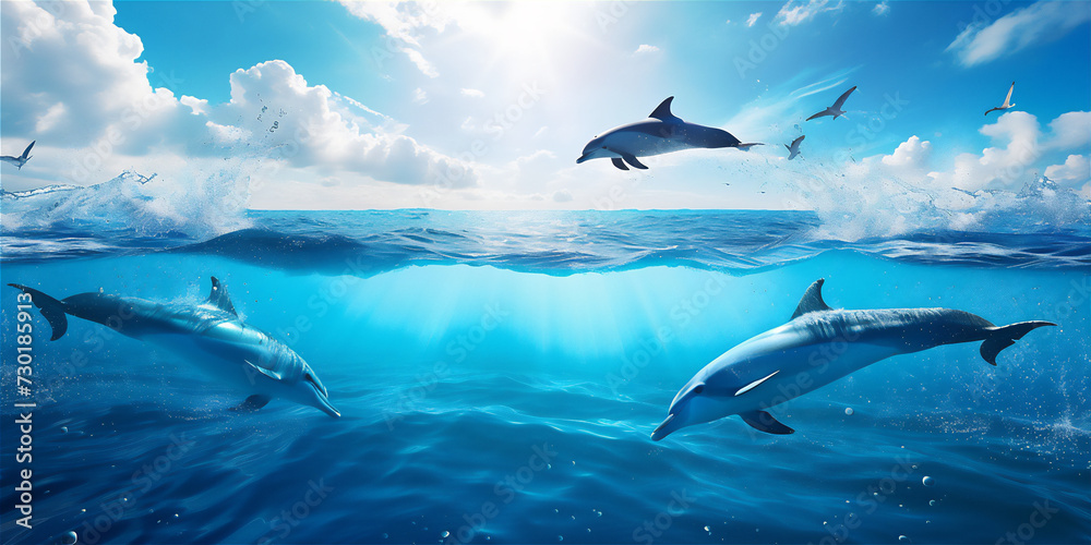 dolphin jumping out of water in the open sea dolphin jumping out of water in the open sea