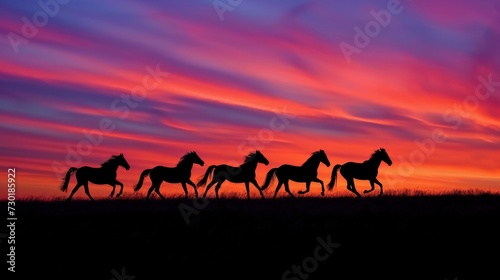 Horses silhouetted against a colorful  twilight sky embark on an evening ride