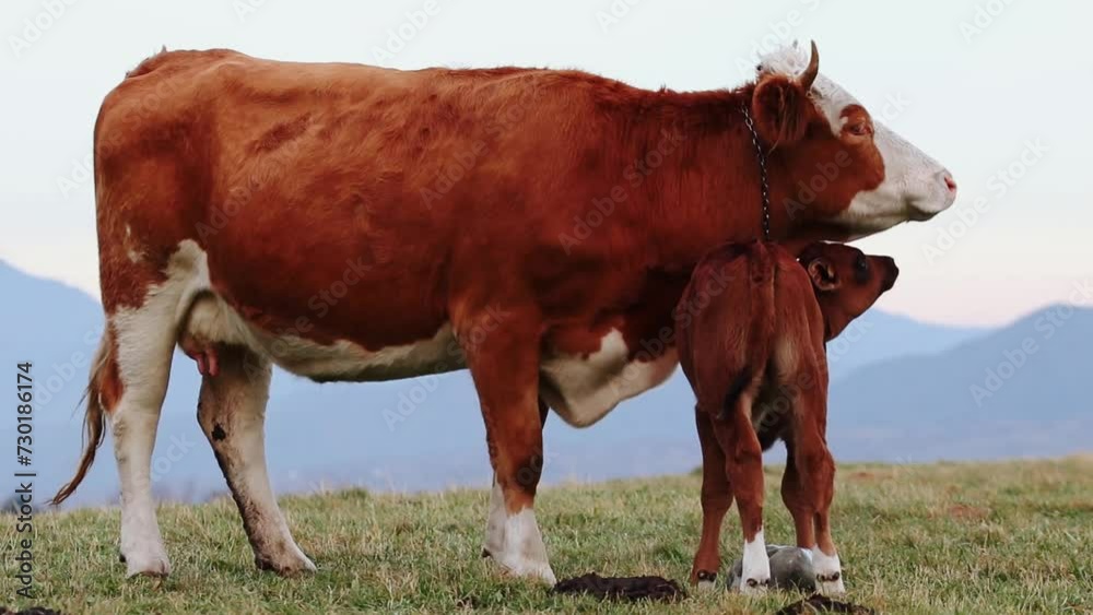A cow with her baby is playing and grazing on the hill
A cow with her baby is playing and grazing on the hill
