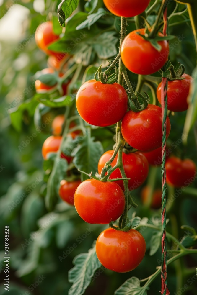 Vibrant red tomatoes hanging from lush, green vines, promising a delicious harvest