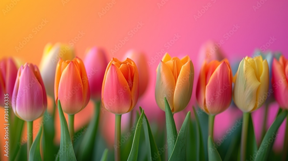 Bold and colorful tulip buds against a bright, spring-themed background exude energy and renewal Bold and colorful tulip buds against a bright, spring-themed background exude energy and renewal