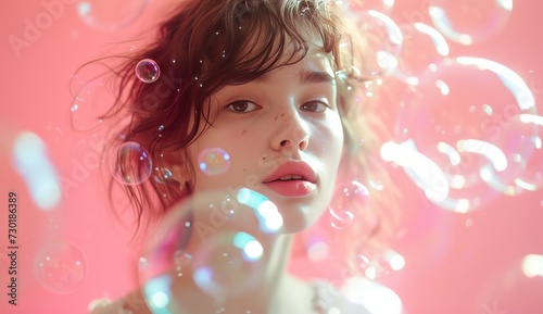 woman blowing bubbles on pink background