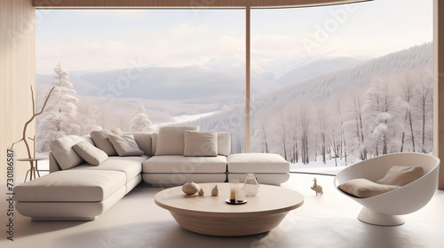 an elegant living room with an incredible view of snowcovered mountains, in the style of minimalist ceramics, matte painting, use of ephemeral materials, soft and rounded forms, tonalist color scheme