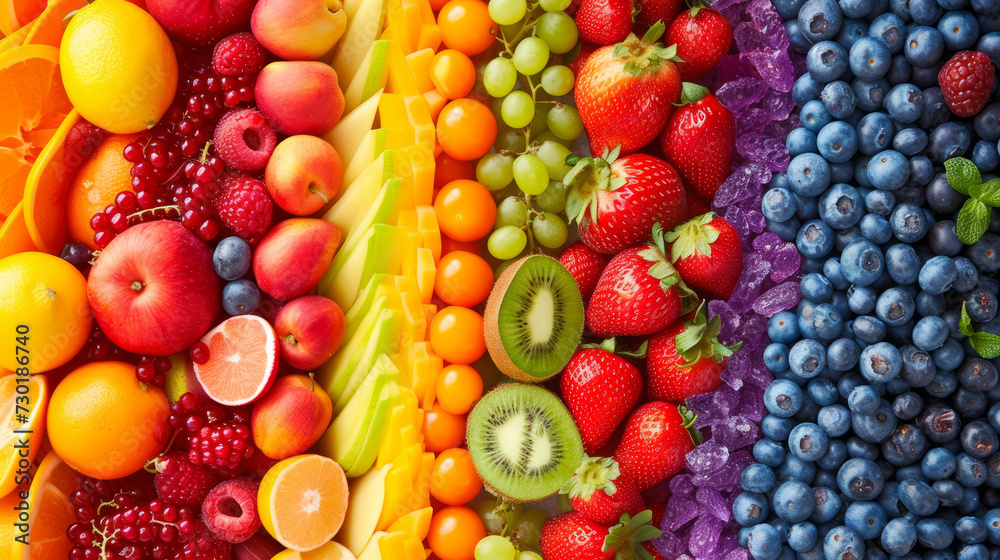 Healthy food. Various vibrant color fruits , top view, creative flat layout. Frame of different fruits. Colourful vegetables and fruits still life. composition with different fruits and berries