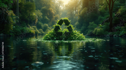 Recycle icon  representing the ecological call for recycling and reuse in the form of a lake with a recycling symbol in the middle of a forest.