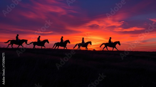 Horses silhouetted against a colorful  twilight sky embark on an evening ride