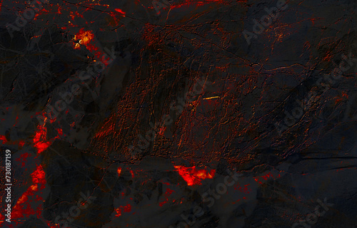 Abstract background of lava with red gaps. Dark orange mountains with lava