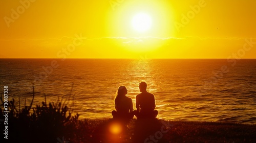 A couple sits by the shore, silhouetted against the golden hues of a setting sun © ArtCookStudio