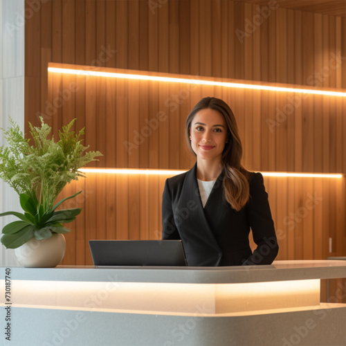 Portrait of receptionist at desk in lobby. Banner design ai technology
