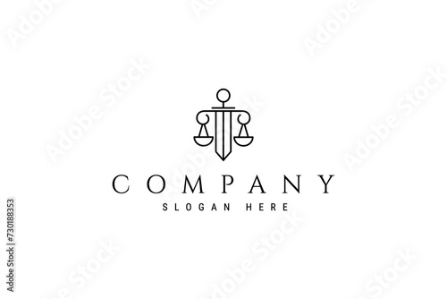 Law firm logo. Sword and scale of justice icon. Corporate lawyer symbol. attorney business sign. Legal advocate emblem. Vector illustration.