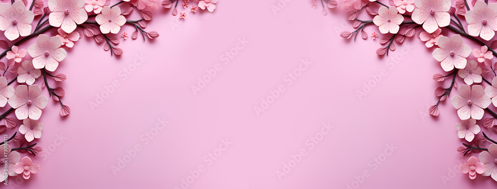 March 8 Women's Day, Valentine day. Greeting card with paper flowers on rose background. Cut from paper. banner