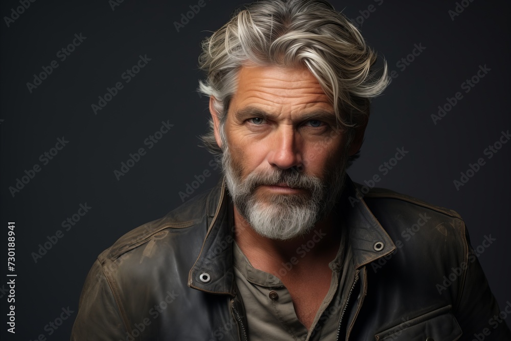 Portrait of a serious mature man with grey hair and beard wearing a leather jacket.