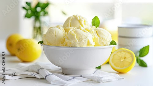 Zooming in on a Delicious Bowl of Lemon Sorbet Ice Cream photo