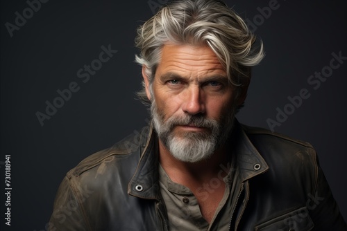 Portrait of a serious mature man with grey hair and beard wearing a leather jacket. © Iigo