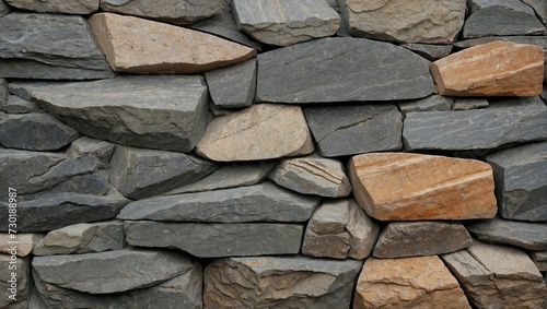 Schist rock wall featuring a pattern of irregularly stacked stones in shades of grey, brown, and rust, with visible layering and textural details characteristic of this foliated metamorphic rock. photo